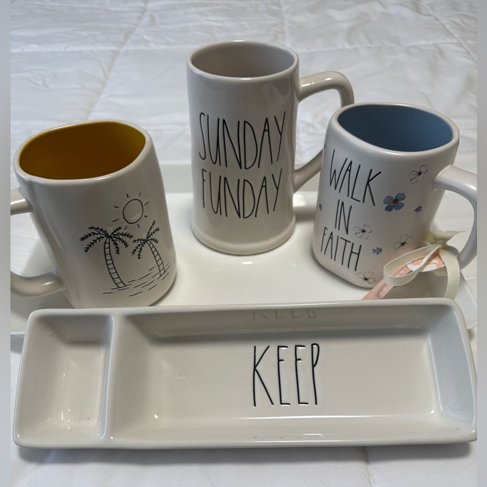Rae Dunn Sunday Funday and Walk in Faith Mug Set & snack tray. (4)